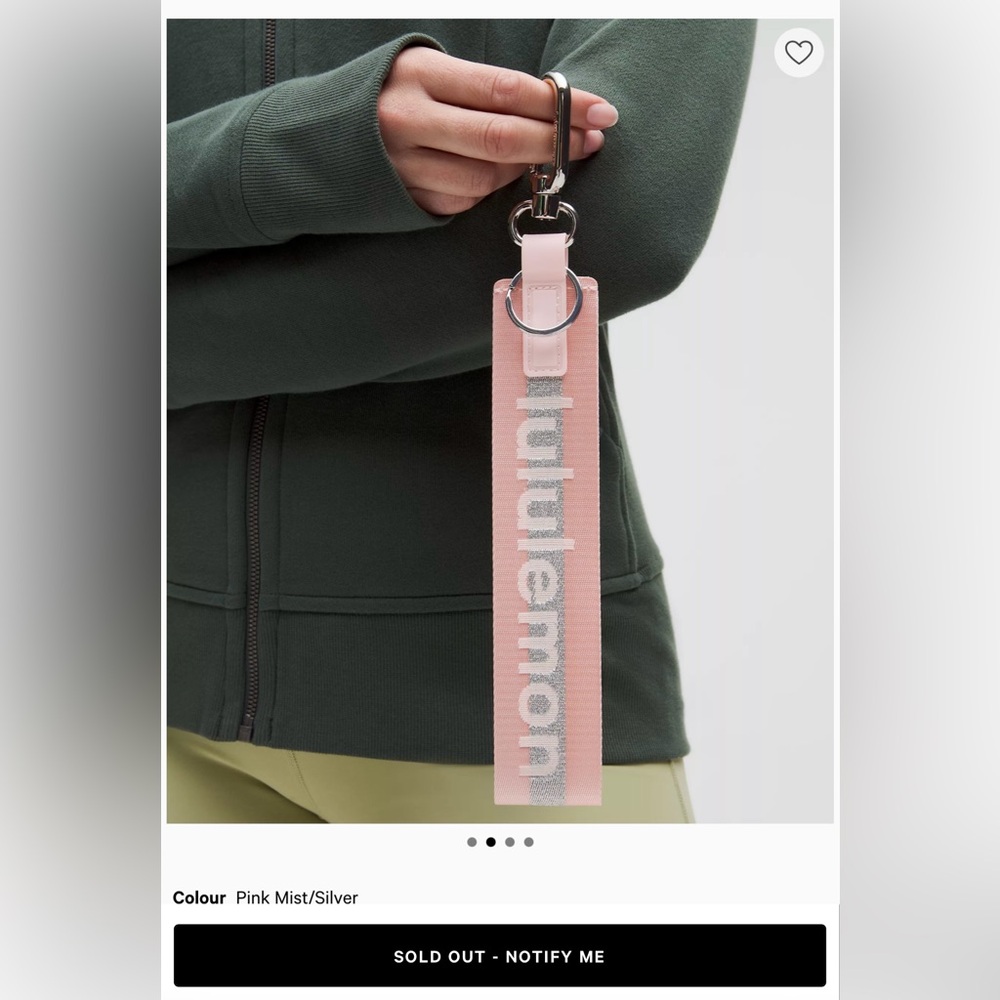 NWT Lululemon Neverlost Keychain, Pink Mist/Silver Wordmark with Silver HW Rare